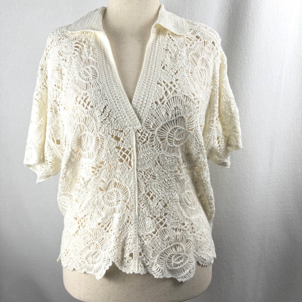 Democracy Women Off White Crochet Lace V-Neck Blouse Short Sleeve Knit Top M